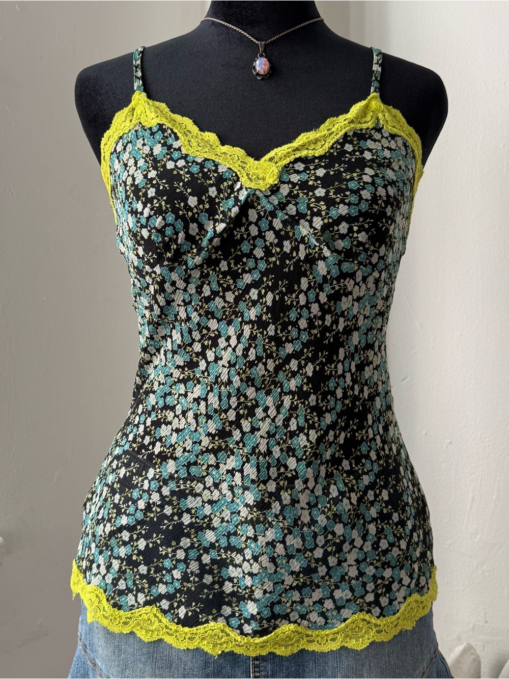 Vintage Y2K Express Silk Black & Blue Floral Tank Top